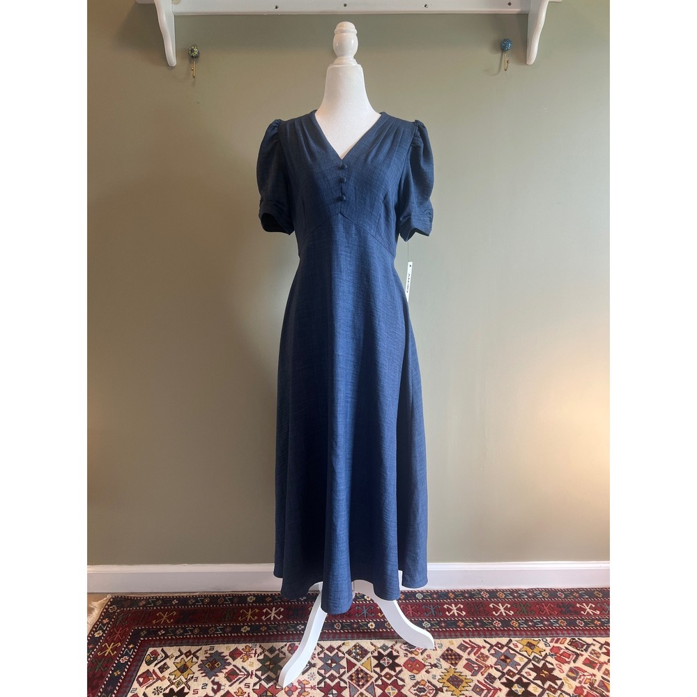 DKNY Blue V-Neck Puff Sleeve Midi Dress Denim Look DD5A8823 Size 4 NEW